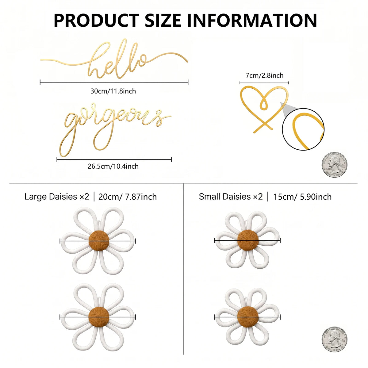 Boho Wall Decor Set – Metal Wire Signs, Heart & Daisy Ornaments