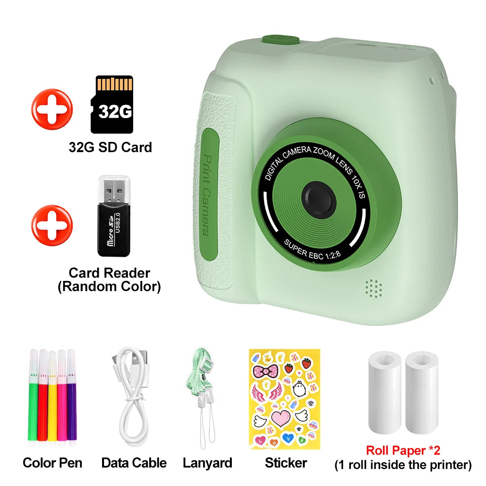 INSTOFC Kids Instant Print Camera 1080P HD Thermal Printer Kids Instant Camera Nixie Green add 32G SDCard