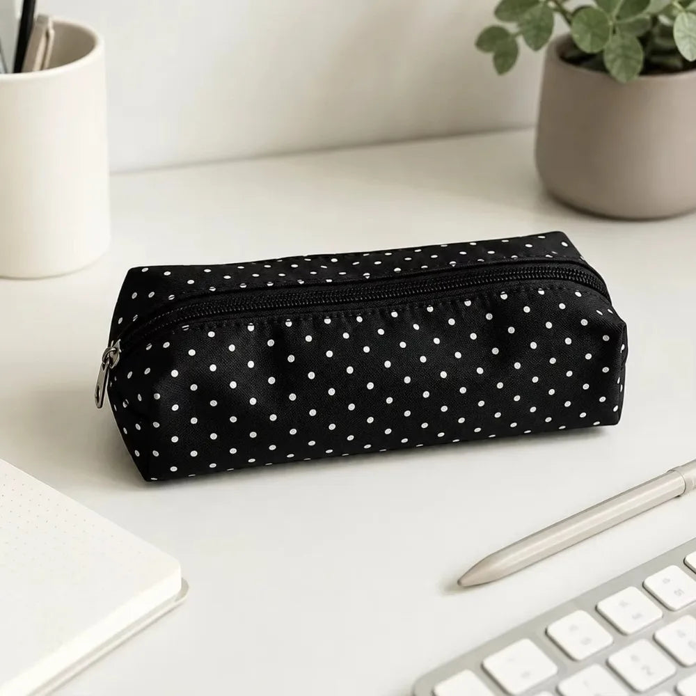 Polka Dot Canvas Pencil Pouch – Large Capacity Pen Bag Pencil Pouch Nixie Black