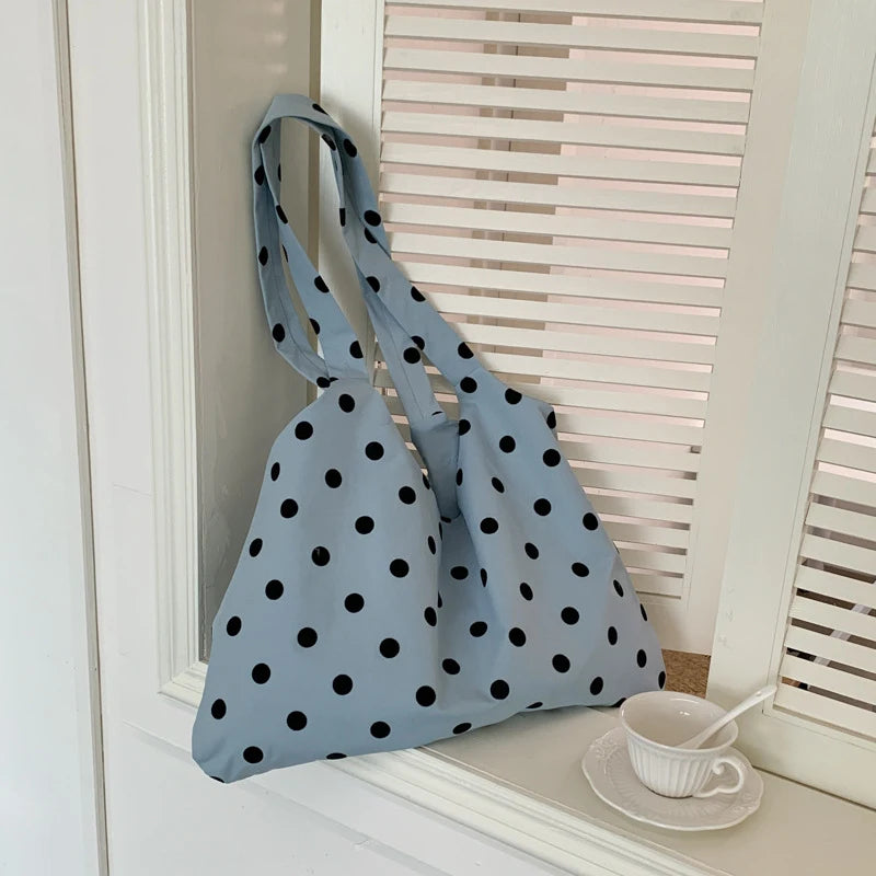 Korean Polka Dot Canvas Tote Bag – Retro Minimalist Shoulder Bag Canvas Tote Bag Nixie
