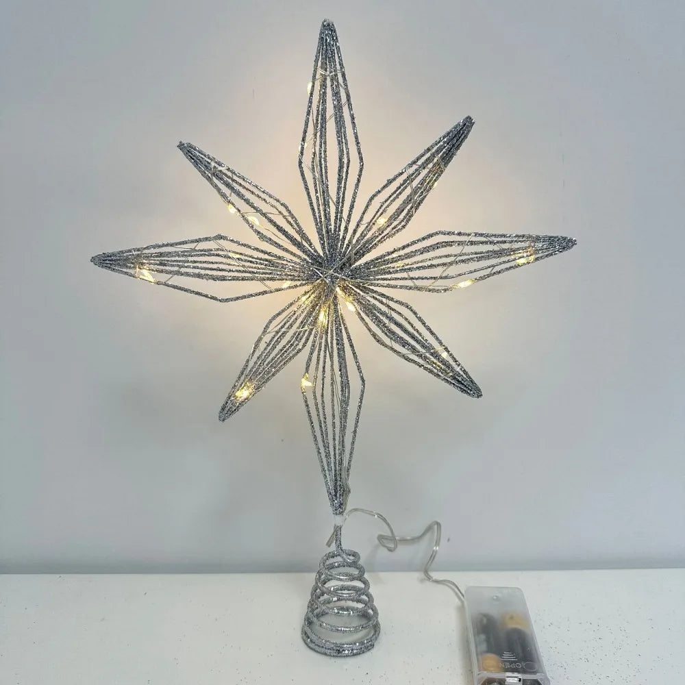 LED Star Christmas Tree Topper Glitter Iron Light Up Décor Christmas Tree Topper Nixie 01-Silver