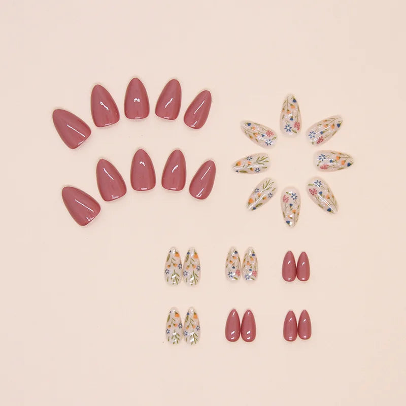 24pcs Short Almond Floral Press-On Nail Patches | Nixie Press-On Nail Tips Nixie