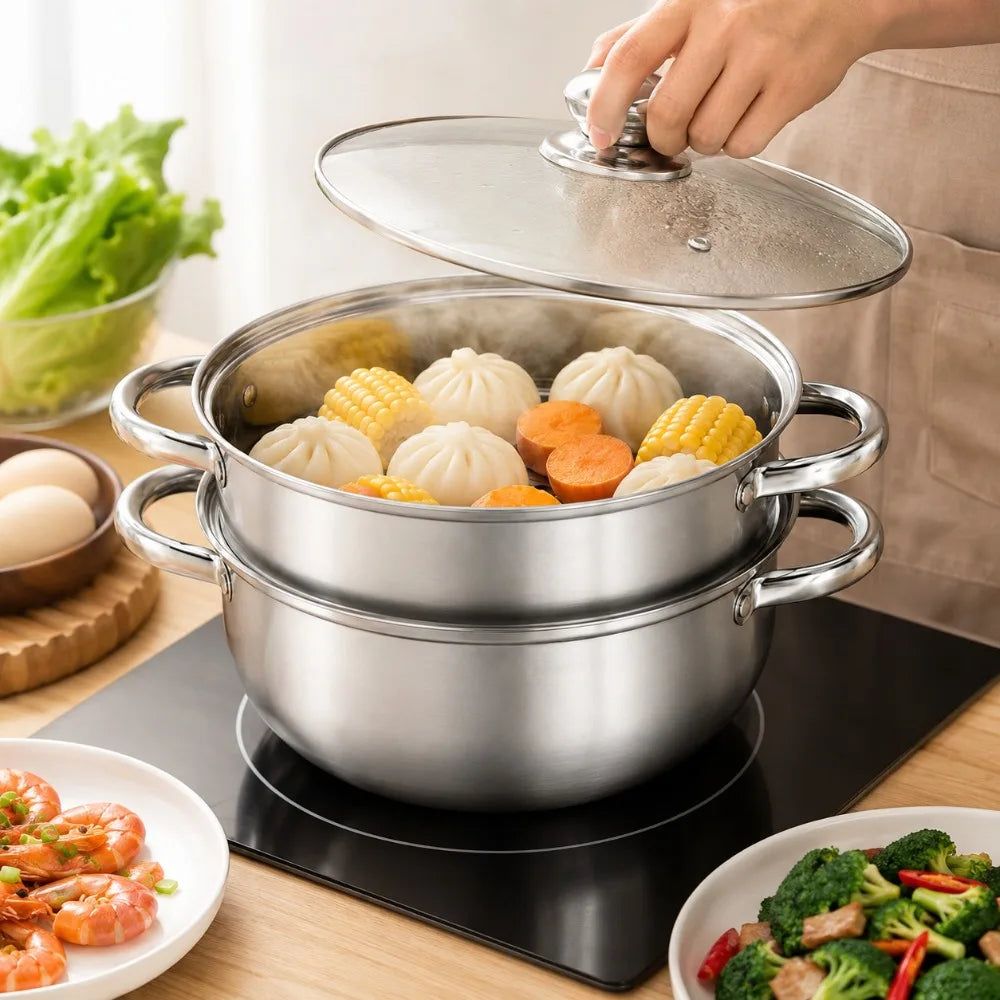 3-Piece Stainless Steel Steamer Pot Set with Glass Lids & Induction