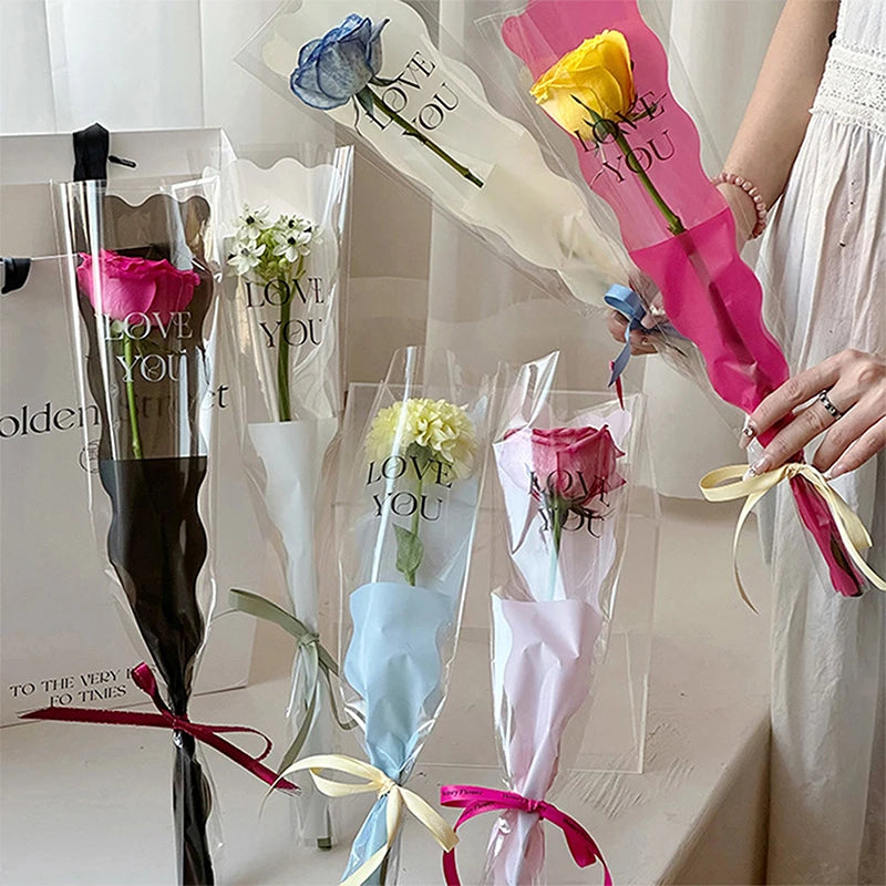 50PCS Iridescent Rose Sleeves Transparent Flower Wrapping Bags