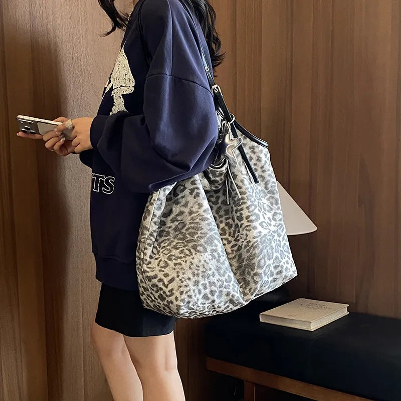 Korean Striped Canvas Tote Bag | Leopard Print Shoulder Bag