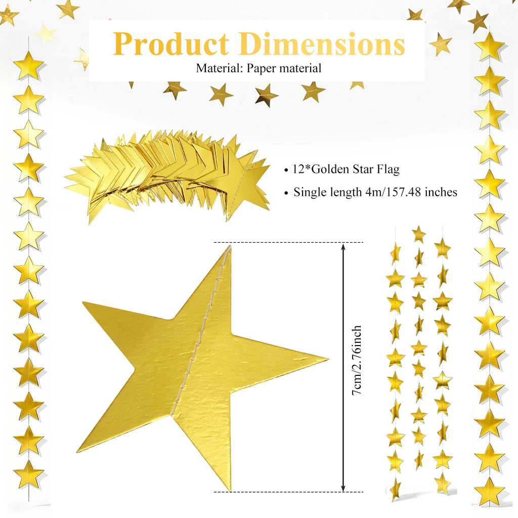 Gold Glitter Star Garland Banner – 12 Pc Party Backdrop Decor Party Garland Banner Nixie
