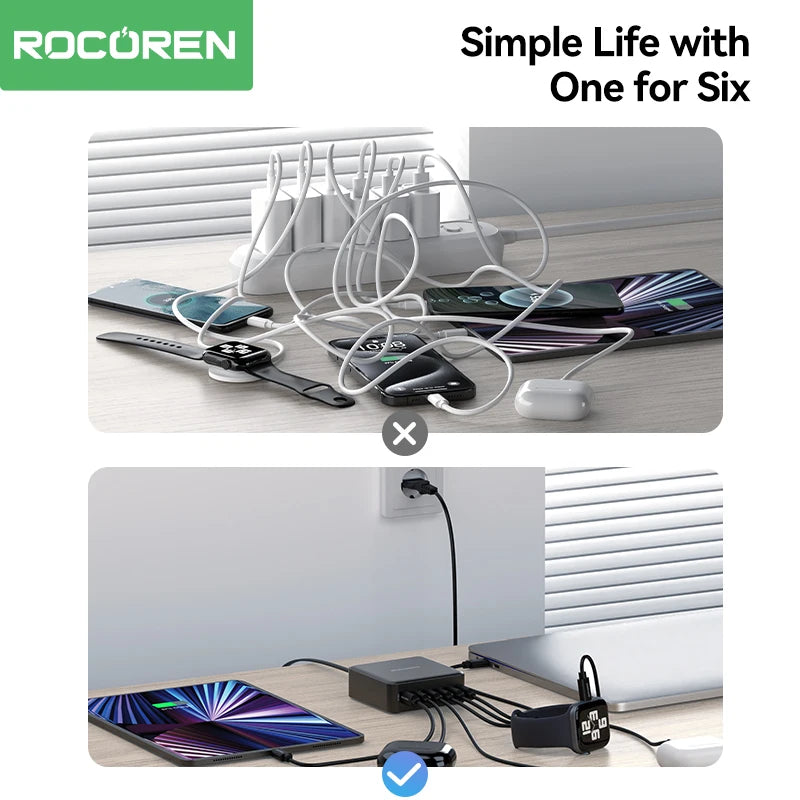 Rocoren 150W 6-Port USB-C Desktop Fast Charging Station Multi-Port USB-C Charger Nixie