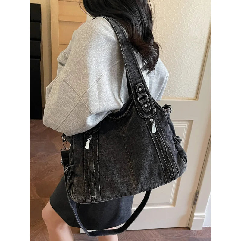 Nixie Vintage Denim Tote Bag – Large Shoulder Crossbody for Women Denim Tote Bag Nixie