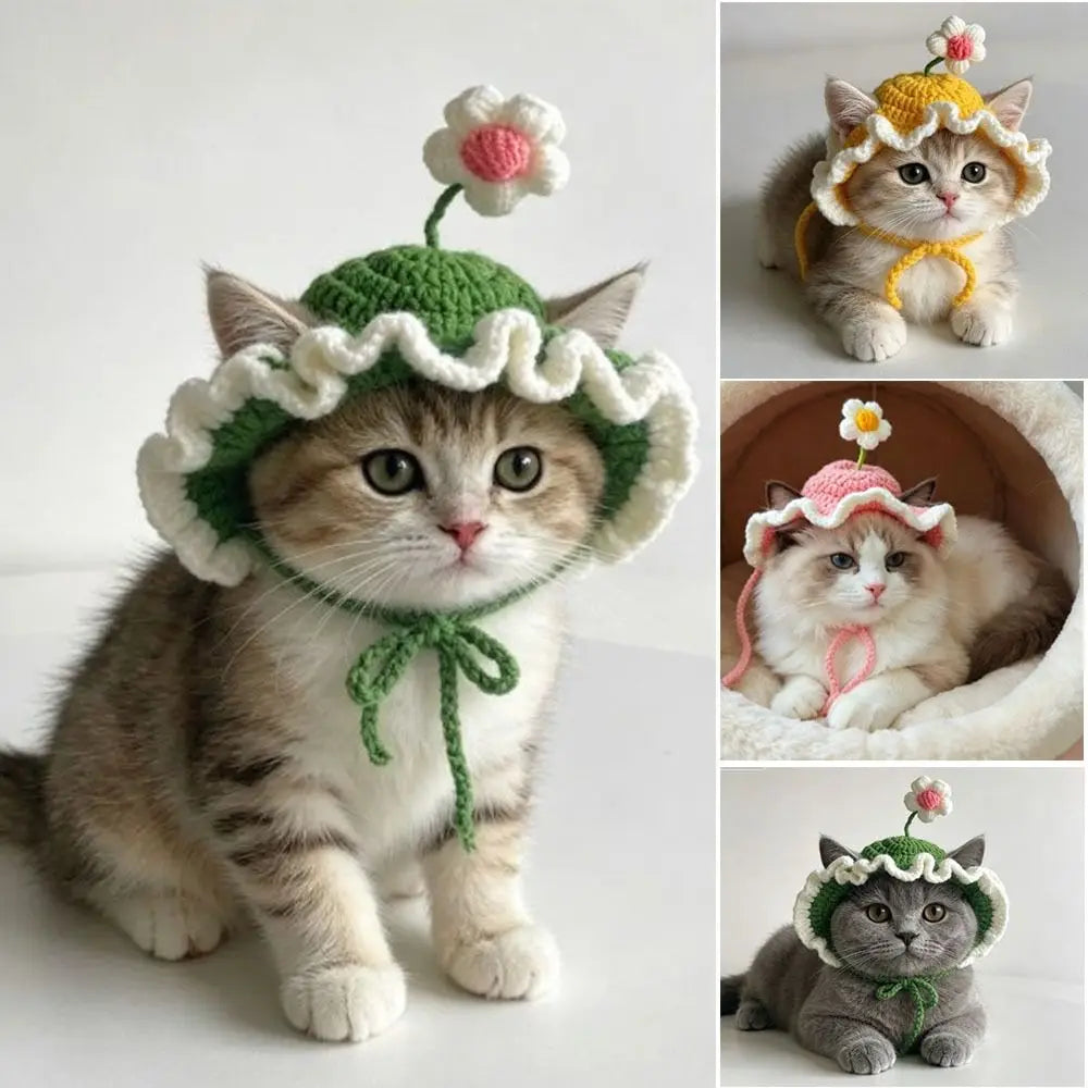 Handmade Crochet Cat Hat – Knitted Flower Pet Hat, S & M
