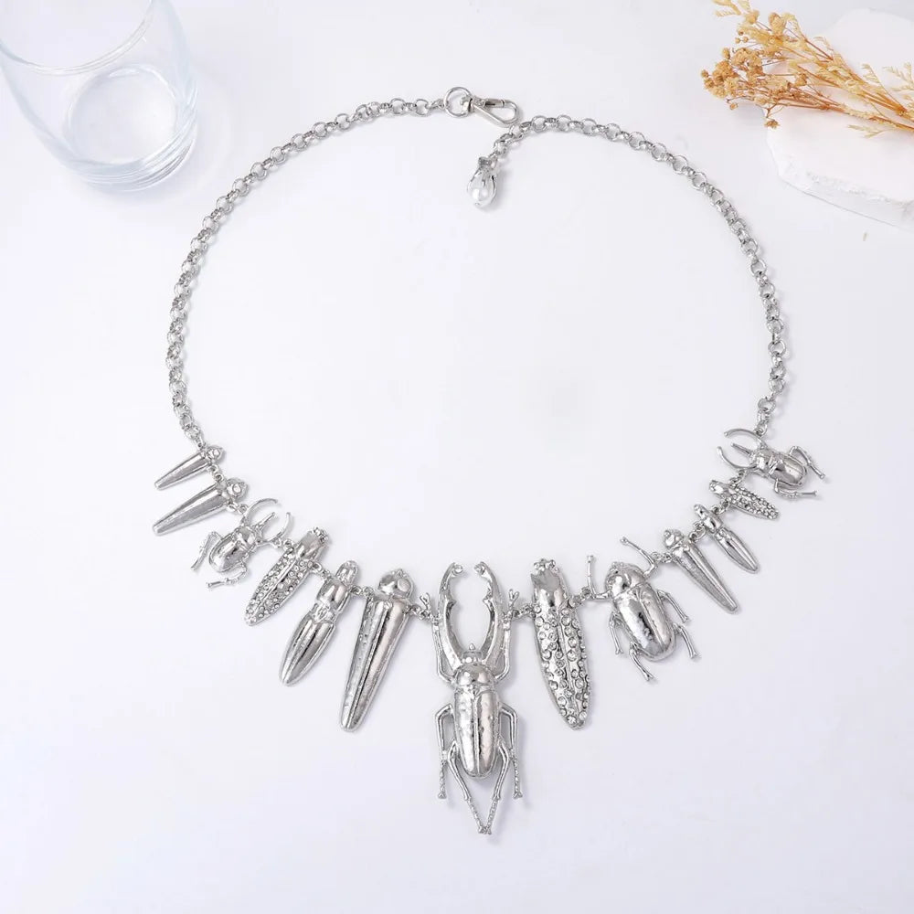Gothic Alloy Beetle Insect Choker Necklace & Bracelet Insect Pendant Jewelry Nixie 3- Silver 71cm