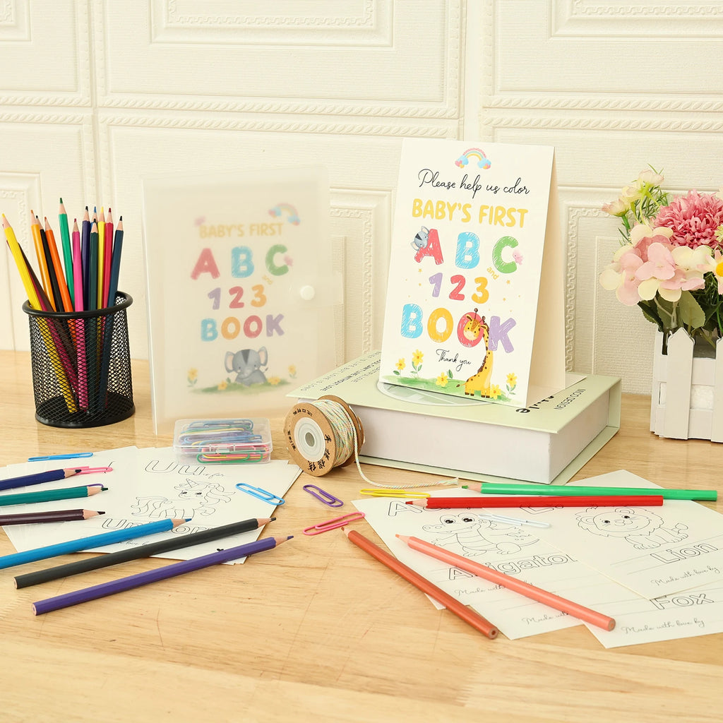 Montessori ABC & 123 Baby Shower Guest Book Coloring Kit Educational Activity Kit Nixie