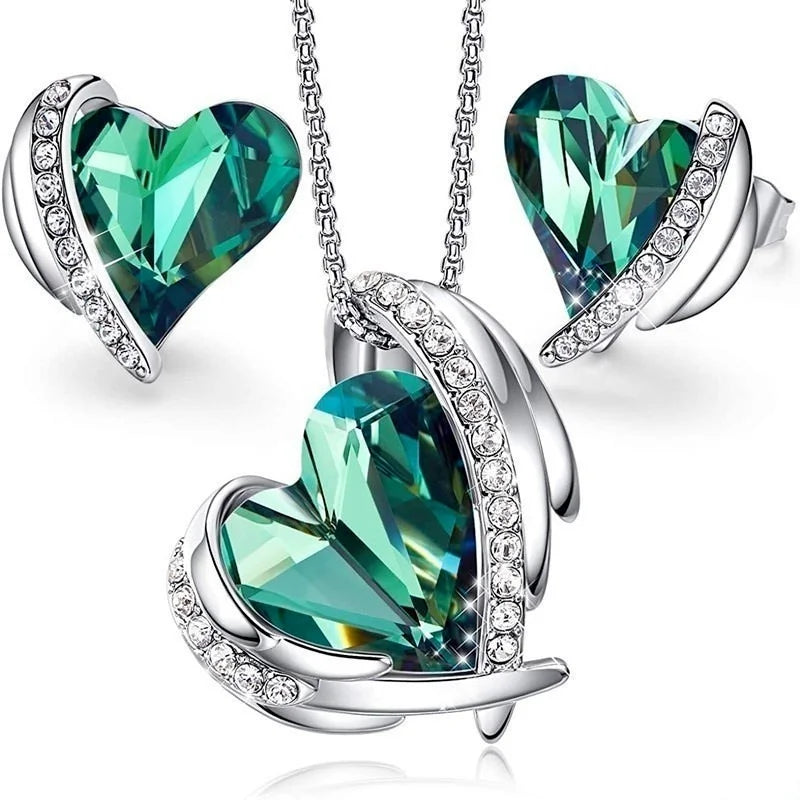 Silver Heart Crystal Necklace & Earrings Set for Women Jewelry Set Nixie Green