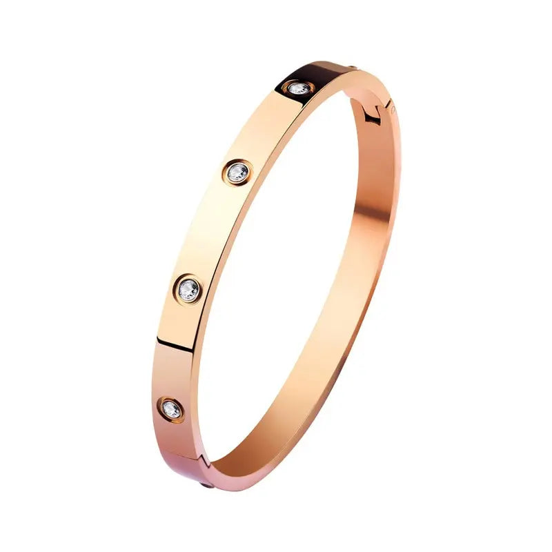 Rose Gold Stainless Steel Bangle Bracelet | Oval Crystal Accents Bangle Bracelet Nixie