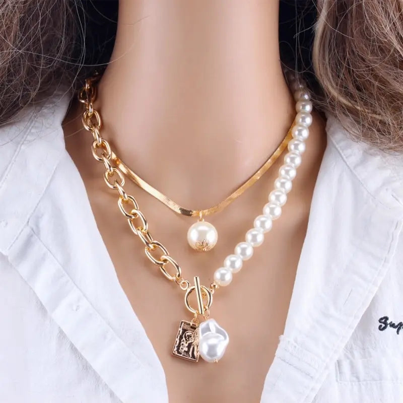 2PCS Gold Hip Hop Baroque Faux Pearl Pendant Necklaces Set Pendant Necklace Set Nixie