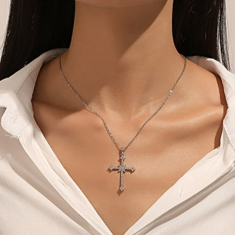 Silver-Plated Rhinestone Cross Star Pendant Necklace | Women Pendant Necklace Nixie