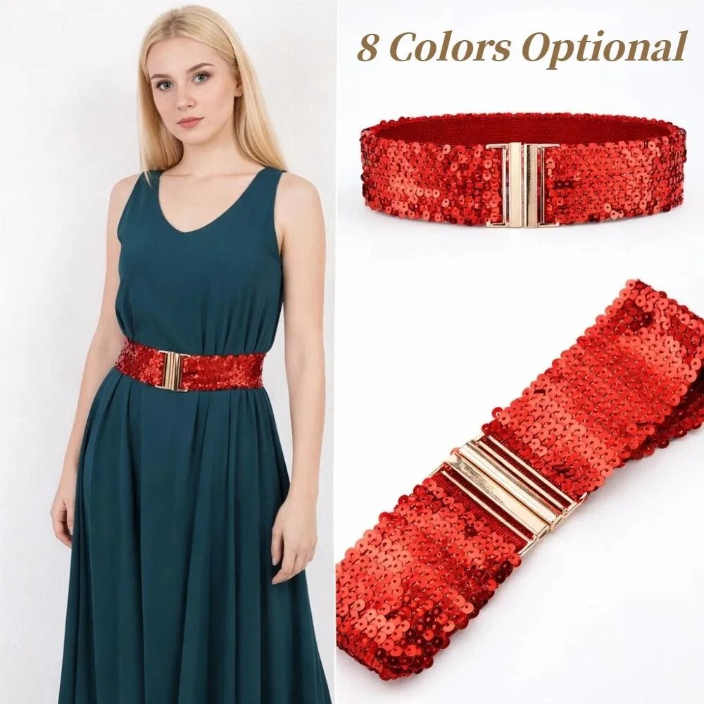 Women's Elastic Sequin Stretch Belt Gold Buckle – 60cm Sequin Stretch Belt Nixie
