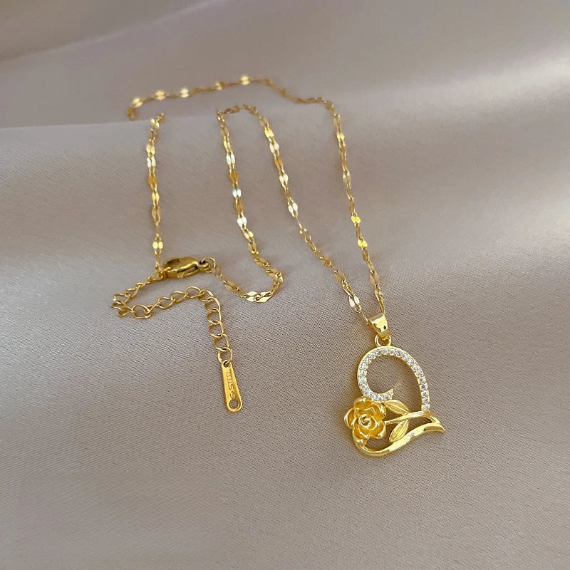 Rose Heart Pendant Necklace – Gold Stainless Steel Choker Pendant Necklace Nixie