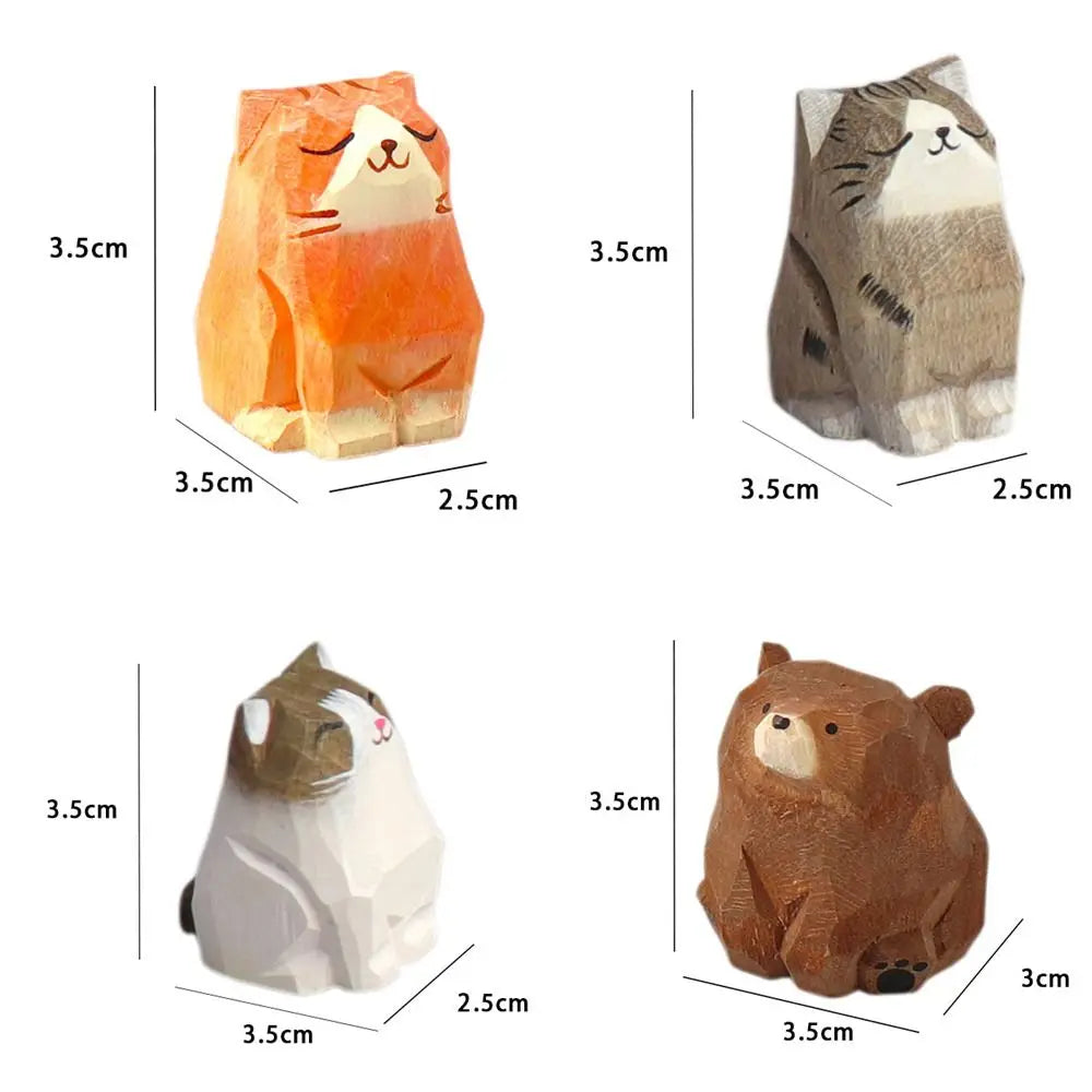 Carved Wooden Animal Figurine – Bear, Cat & Sheep Desk Decor Wood Figurine Nixie