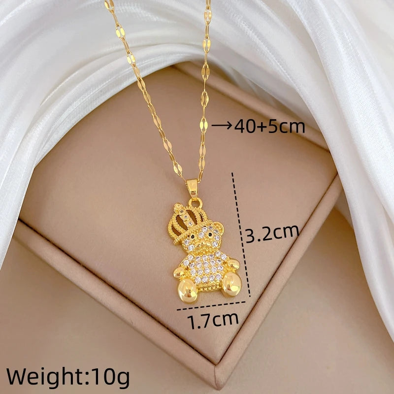 Crown Bear Gold Pendant Necklace | Stainless Steel Clavicle Chain Pendant Necklace Nixie XL1200-568