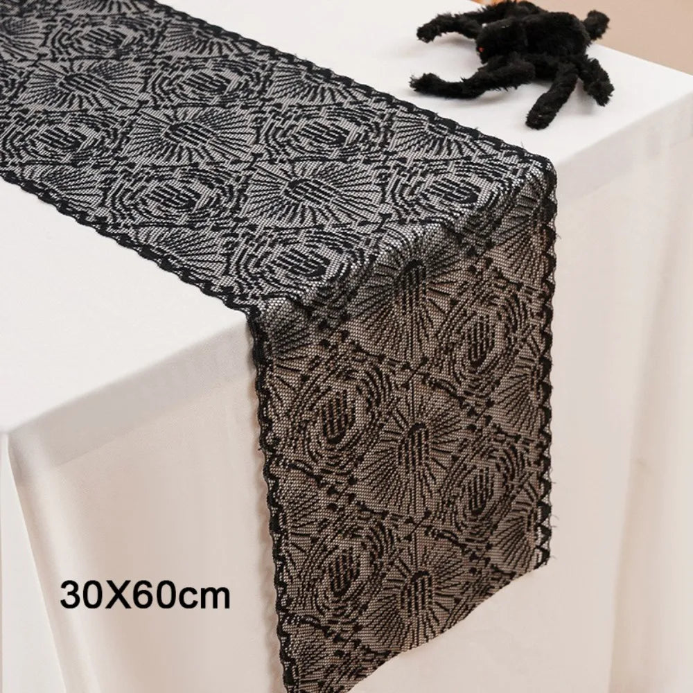 Black Halloween Lace Table Runner – Gothic Spider Web Cobweb Halloween Table Runner Nixie 30-60cm Style 1
