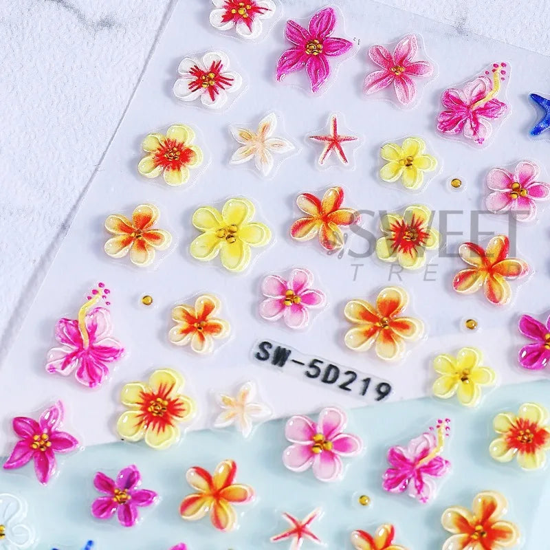 5D Embossed Nail Stickers – Tropical Floral & Starfish Decals Nail Art Stickers Nixie