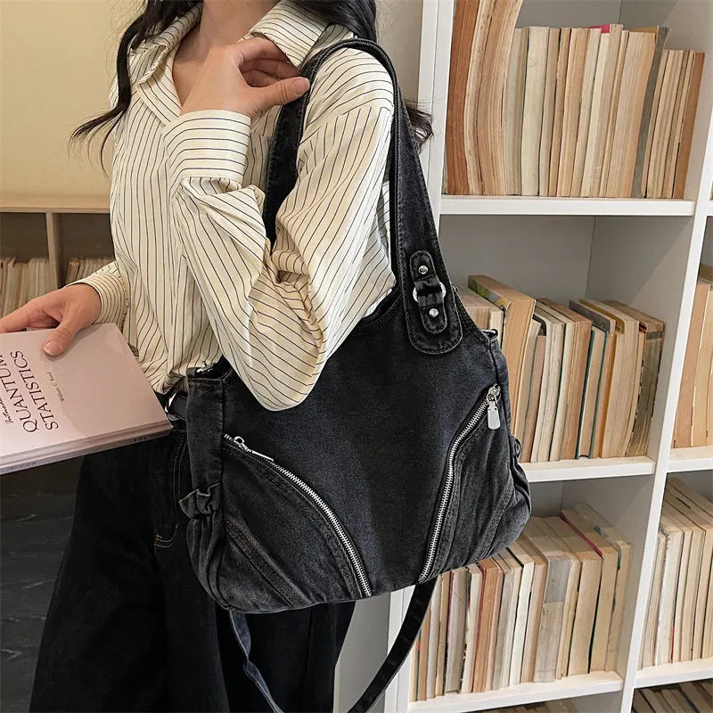 Women's Large Capacity Denim Tote Shoulder Bag – Retro Style Denim Tote Bag Nixie