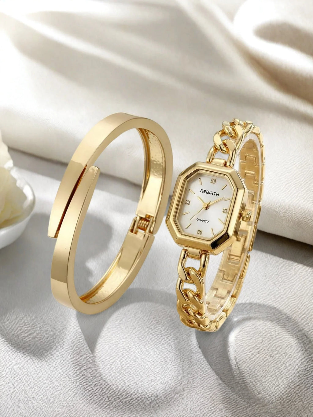 REBIRTH 2-Piece Casual Watch & Bracelet Set – Digital Quartz Watch & Bracelet Set Nixie Gold