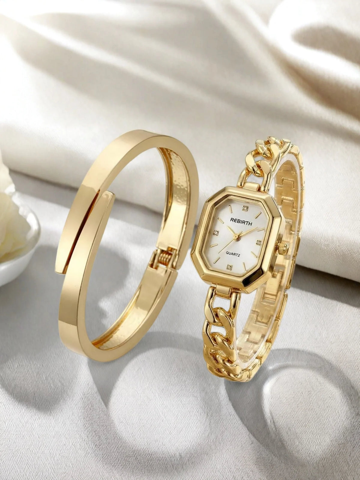 REBIRTH 2-Piece Casual Watch & Bracelet Set – Digital Quartz Watch & Bracelet Set Nixie Gold