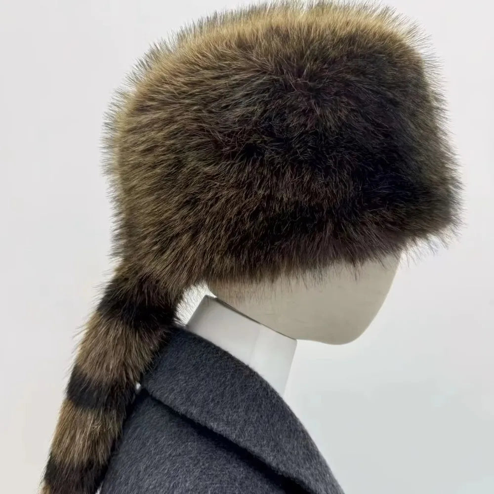 Faux Fur Raccoon Tail Winter Hat – Windproof Ear Protection Cap Faux Fur Winter Hat Nixie
