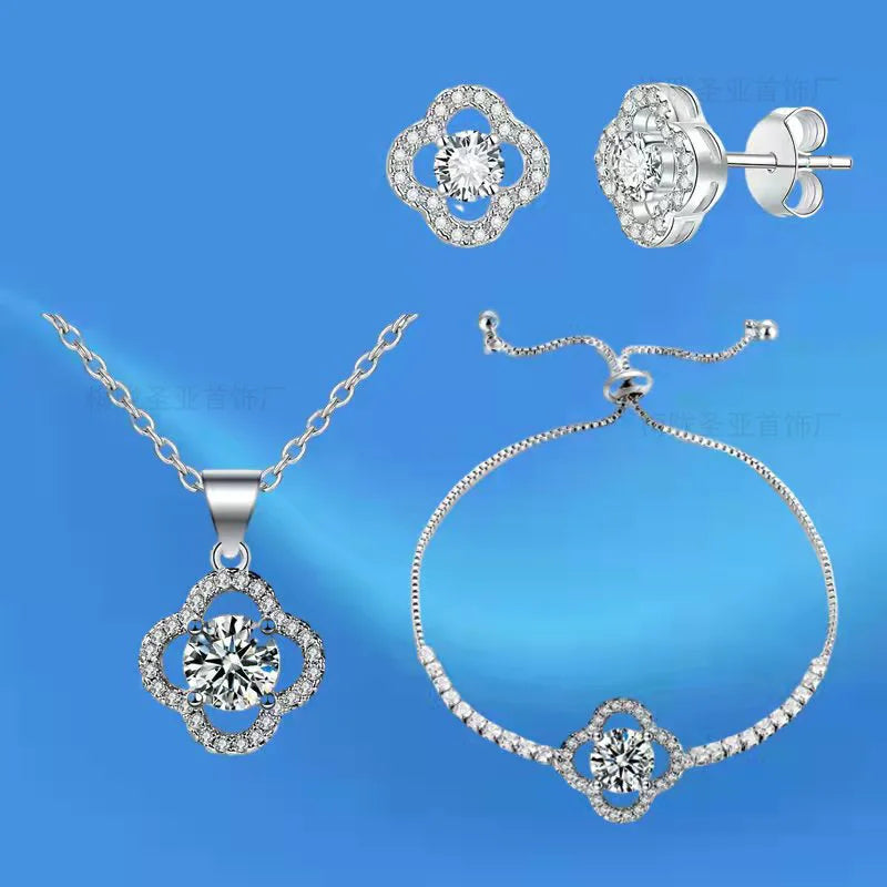 Hollow Flower CZ Jewelry Set – Necklace, Earrings & Bracelet