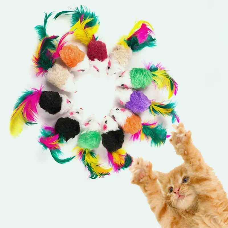 Interactive Plush Mouse Cat Toys with Feathers – 5 or 10 Pack Cat Toy Set Nixie