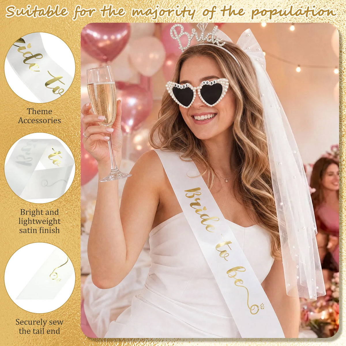 Bride to Be 4-Piece Set – Veil, Sash, Headband & Sunglasses