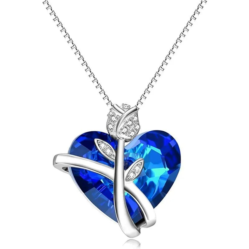 Silver Rose Butterfly Crystal Necklace – Elegant Gift for Women Pendant Necklace Nixie Blue