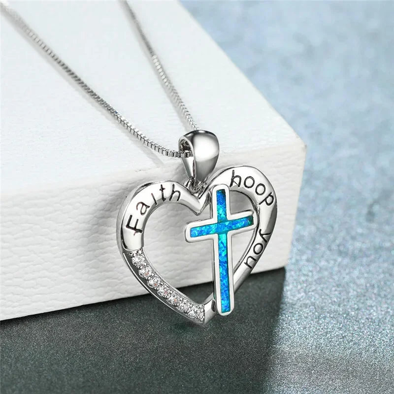 Silver Blue Simulated Opal Heart Cross Pendant Necklace Pendant Necklace Nixie