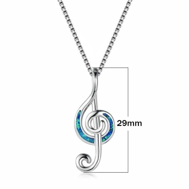 Music Note Opal Pendant Necklace – Silver Blue White Pendant Necklace Nixie
