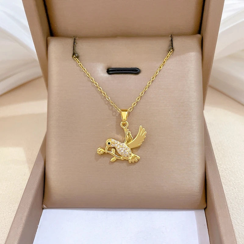 Women's Rose Crane Pendant Necklace – Gold Stainless Steel Pendant Necklace Nixie