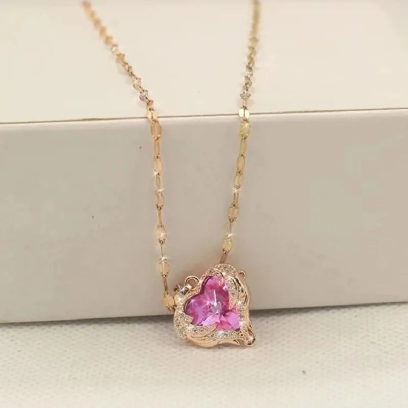 Ocean Heart Zircon Pendant Necklace | Copper & Steel Chain Pendant Necklace Nixie XL1673-2