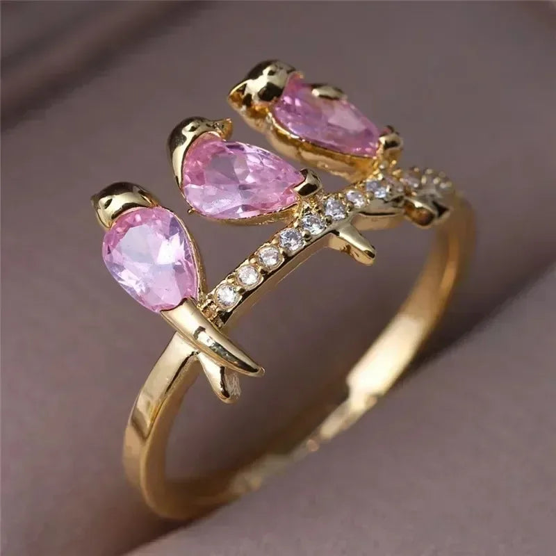 Pink Bird Crystal Mood Tracker Ring – Punk Zinc Alloy, Sz 6–10 Fashion Ring Nixie