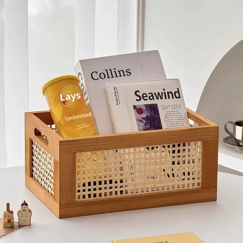 Retro Wood & Bamboo Rattan Storage Basket Desk Organizer Rattan Storage Basket Nixie