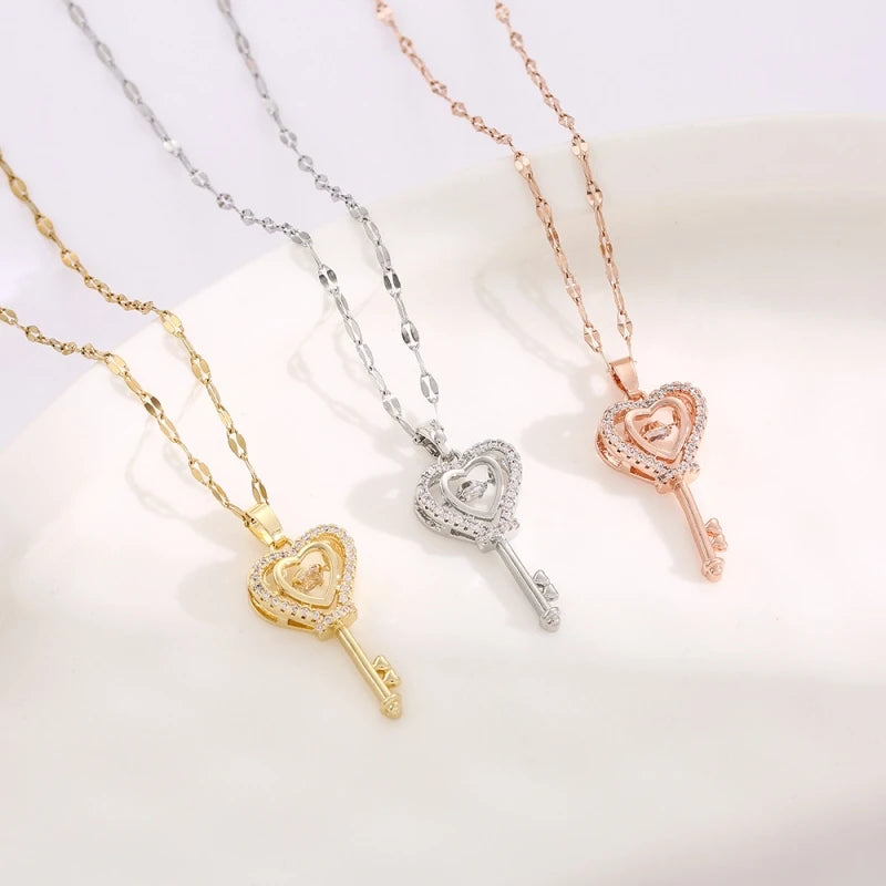 Heart-Shaped Key Pendant Necklace | Copper & Stainless Steel Pendant Necklace Nixie