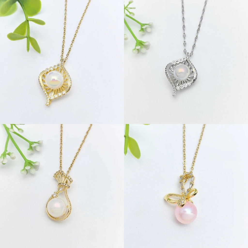 Imitation Pearl Zircon Pendant Necklace | Stainless Steel Chain Pendant Necklace Nixie