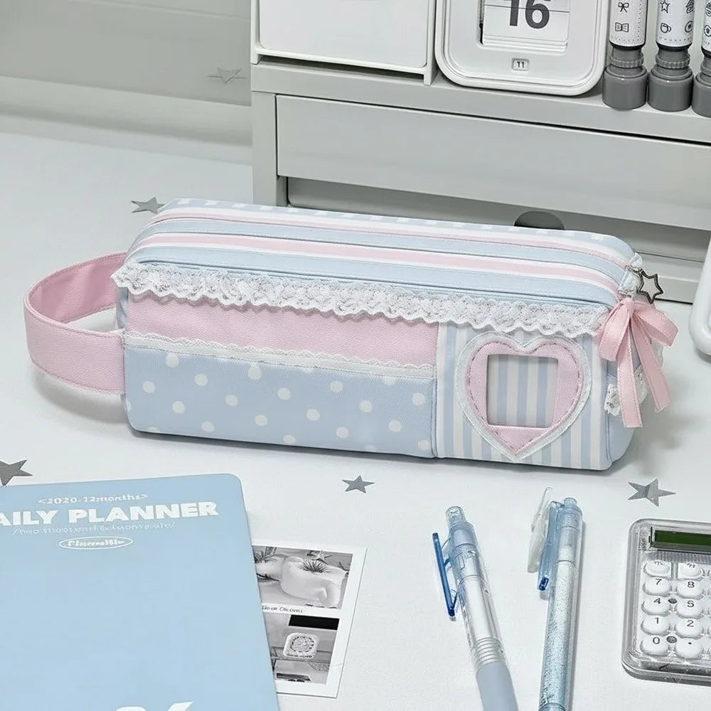 Kawaii Pink Blue Polka Dot Pencil Case Large Capacity Pouch Pencil Case Pouch Nixie Pink Blue
