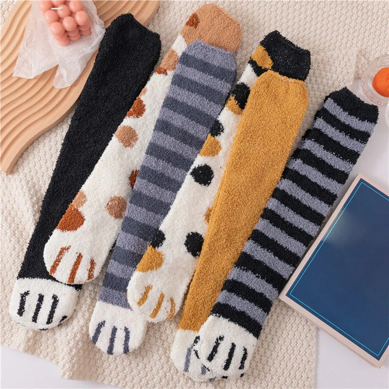 Women's Cat Paw Knee-High Winter Socks – Thick Cotton 2 Pairs