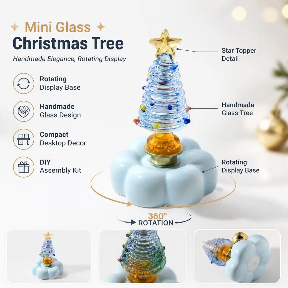 Glass Christmas Tree Figurine with Rotating Display Base