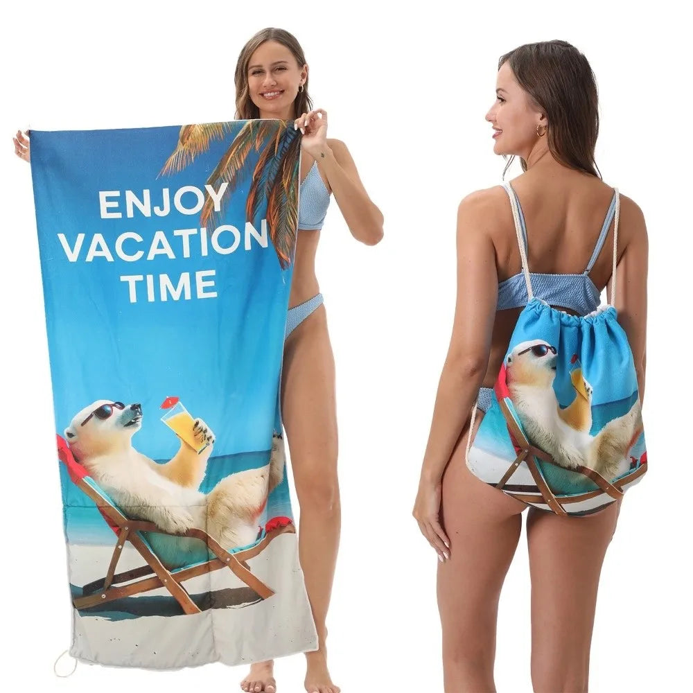 2-in-1 Microfiber Beach Towel with Foldable Storage Bag