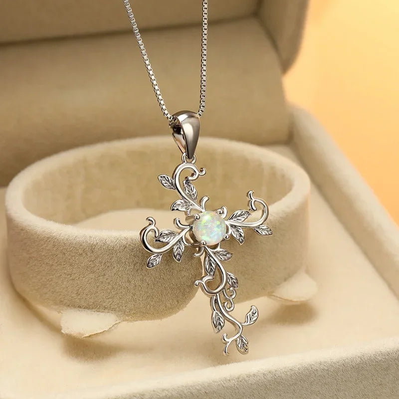 Silver Flower Vine Cross Pendant Imitation Opal Necklace Pendant Necklace Nixie