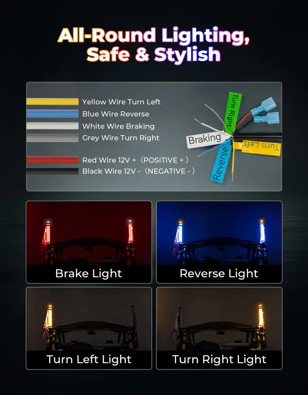KEMIMOTO RGB Fat Whip Lights App & Remote – ATV UTV RZR Offroad LED Whip Lights Nixie