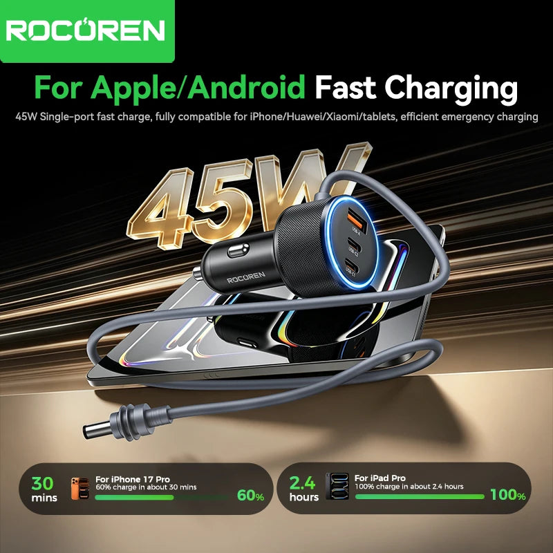 Rocoren 60W 3-Port USB-C Car Charger | PD & QC 4.0 Fast Charge USB-C Car Charger Nixie