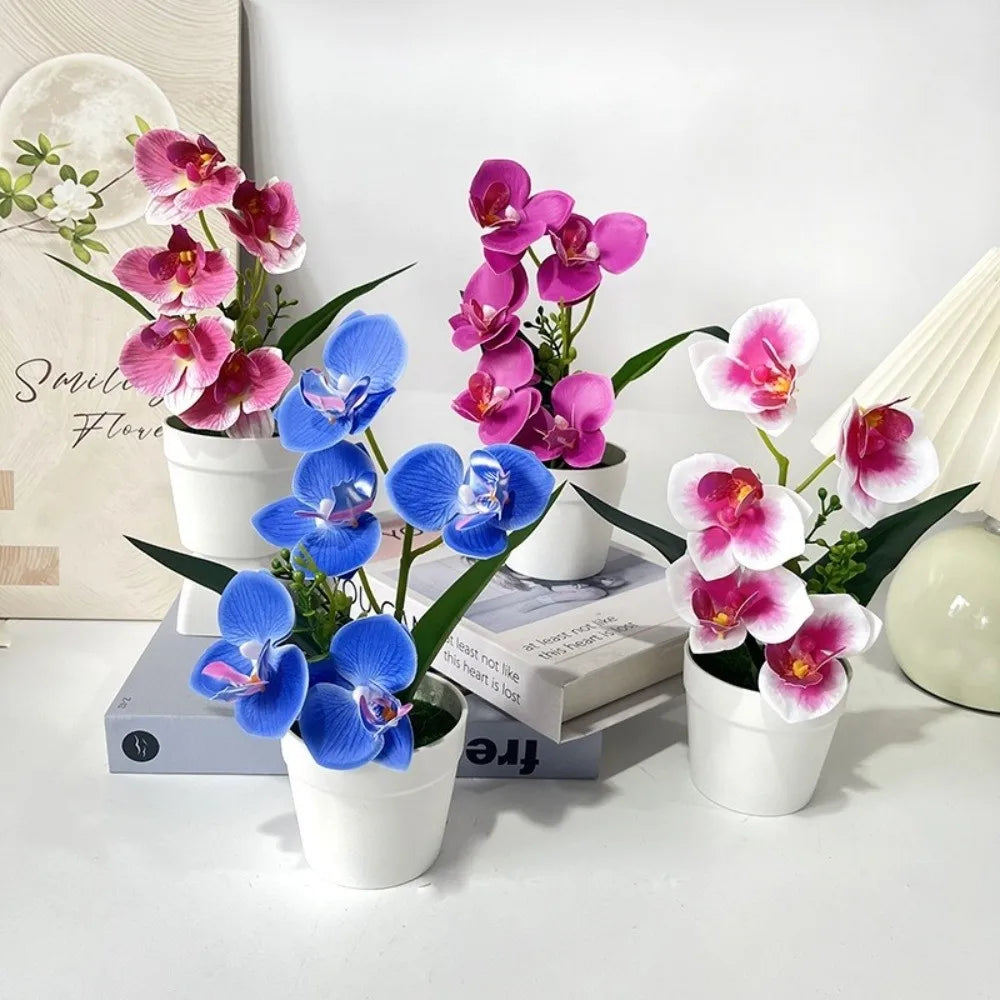 Artificial Orchid Potted Plant – 5 Blooms, Pink & White, 24cm