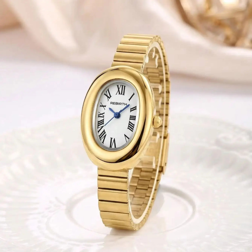 REBIRTH Vintage Oval Gold Women's Quartz Watch Roman Numeral Women's Quartz Watch Nixie